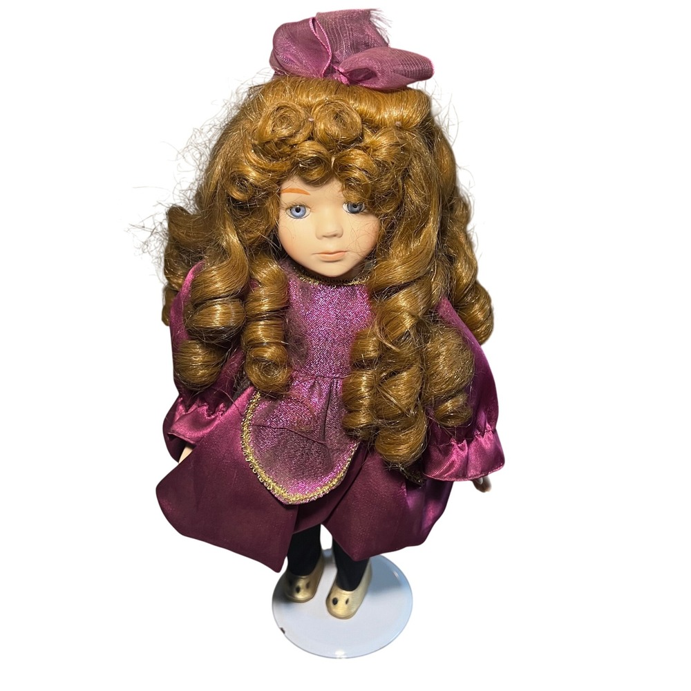 Vintage 80s‎ Collectors Choice DanDee Porcelain Doll Purple Dress Gold Shoes 13"